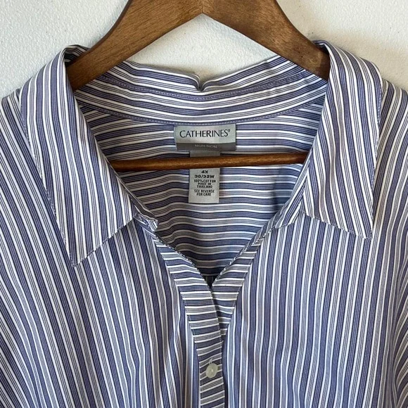 Catherines Plus 4X Blue White Striped‎ Non-Iron 100% Cotton Button Up Blouse - Picture 5 of 11